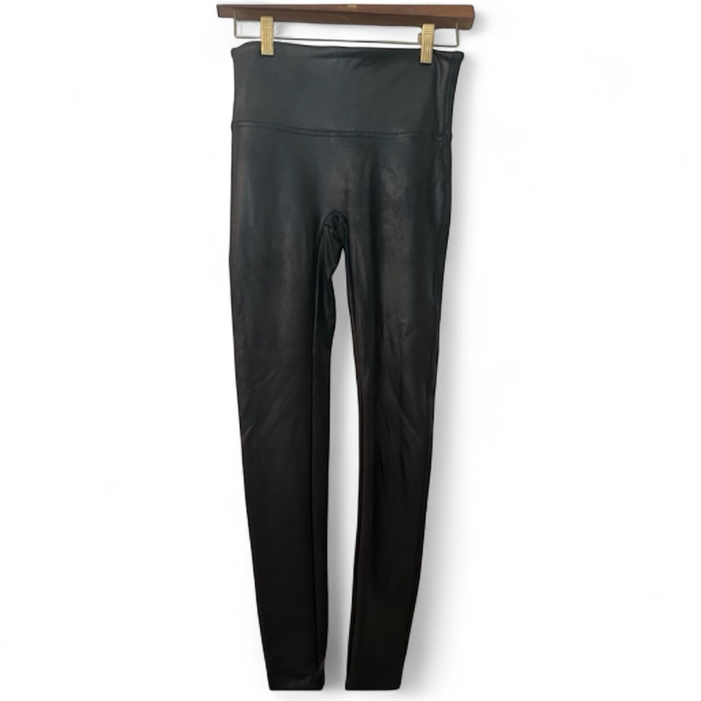 SPANX Black Faux Leather Leggings - High waist; shapewear EUC